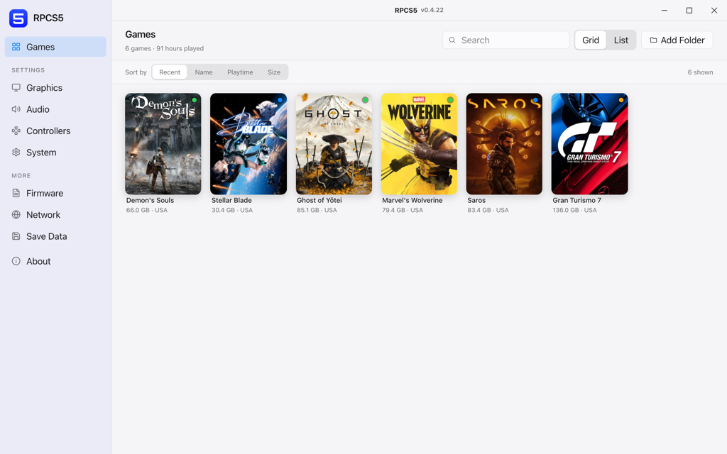 The RPCS5 library window listing 18 installed PlayStation 5 games with cover art, playtime and per-title compatibility indicators