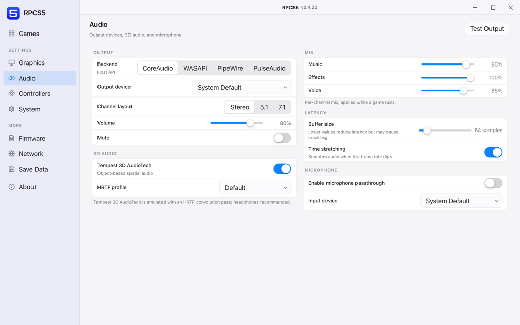 The RPCS5 Audio settings panel with output, 3D audio, mix, latency and microphone sections