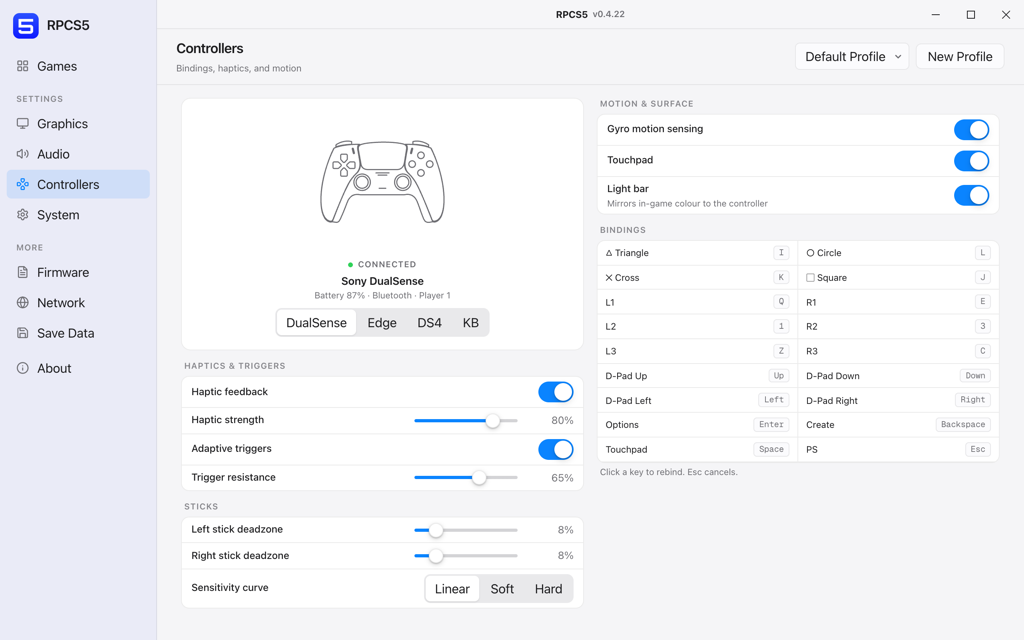 The RPCS5 Controllers panel showing a connected DualSense with haptics, stick and binding configuration