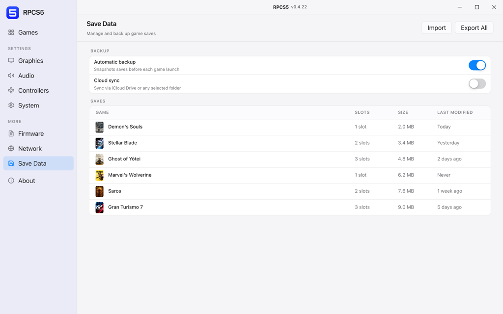 The RPCS5 Save Data panel listing per-game save slots with sizes and modification dates, plus automatic backup and cloud sync toggles